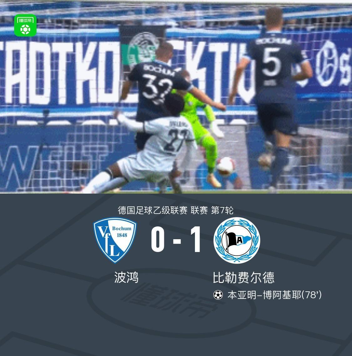 比勒费尔德1-0波鸿，本亚明-博阿基耶制胜